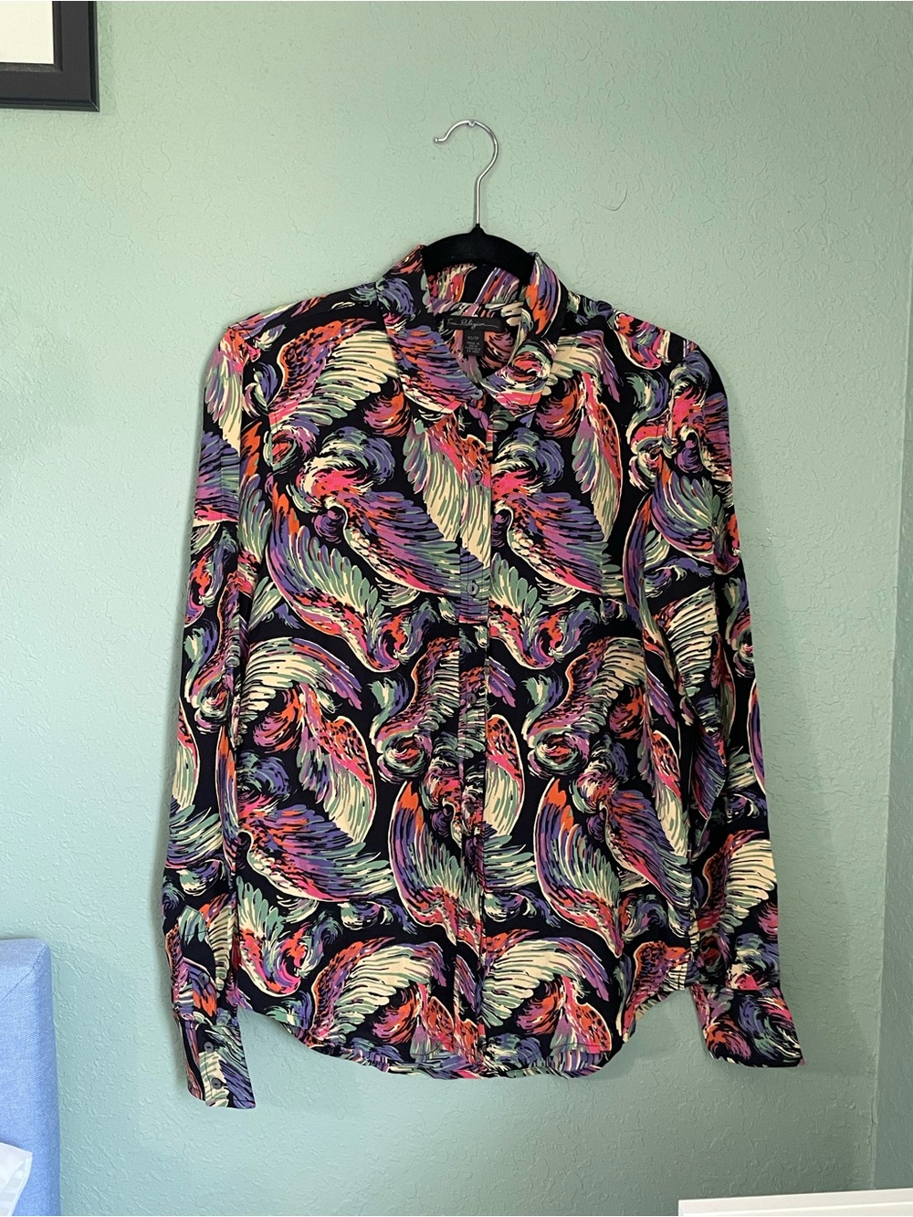 True Religion Silk Angel Wing All Around Print Button Collar Long Sleeve Blouse